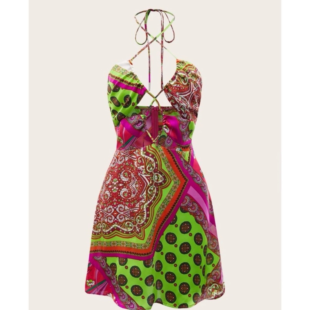 Paisley & Scarf Print Crisscross Tie Backless Halter Dress